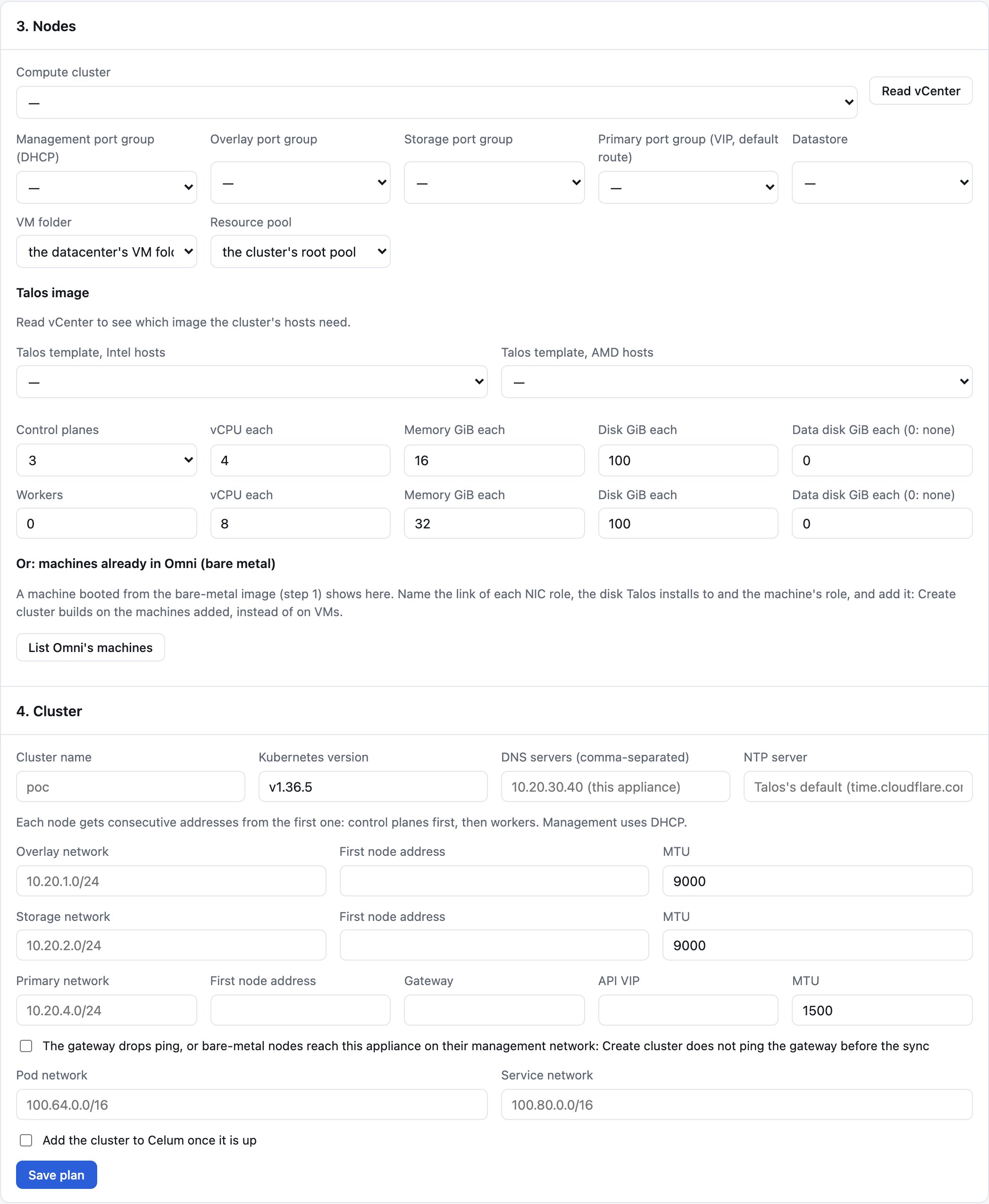 The Nodes and Cluster cards, where you plan the VMs and the cluster's networks
