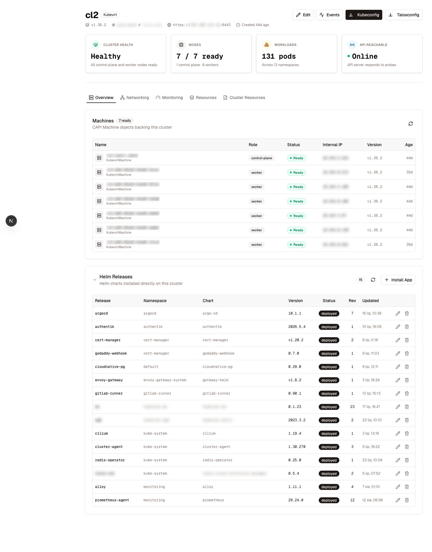 The cluster detail page with its Helm Releases panel expanded — chart, version, status, revision and last update per release