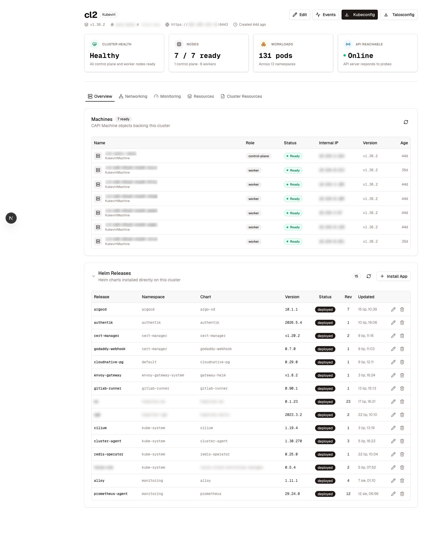 The cluster detail page with its Helm Releases panel expanded — chart, version, status, revision and last update per release
