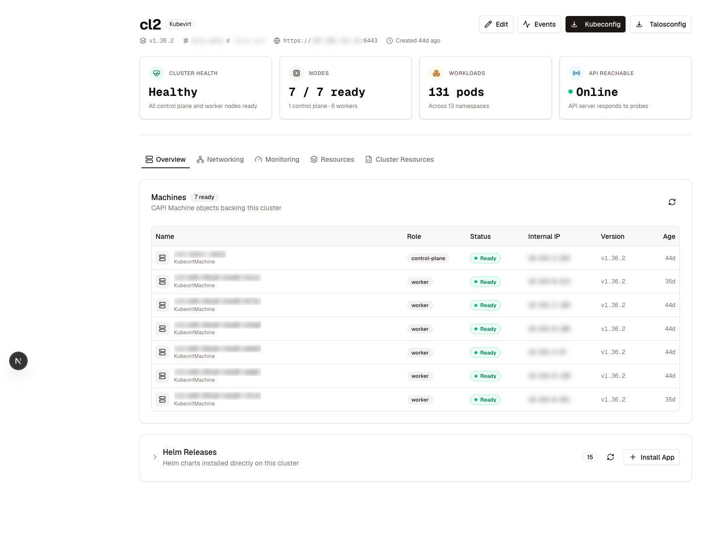 A healthy topology cluster — health/nodes/workloads/API tiles, the CAPI machines backing it, and its Helm releases