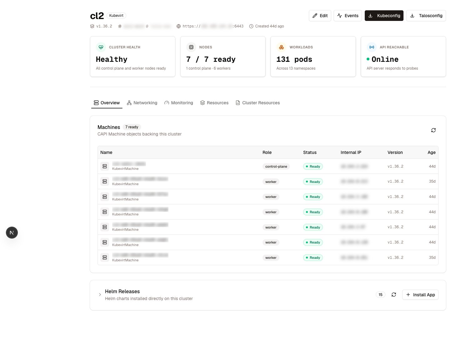 A healthy topology cluster — health/nodes/workloads/API tiles, the CAPI machines backing it, and its Helm releases