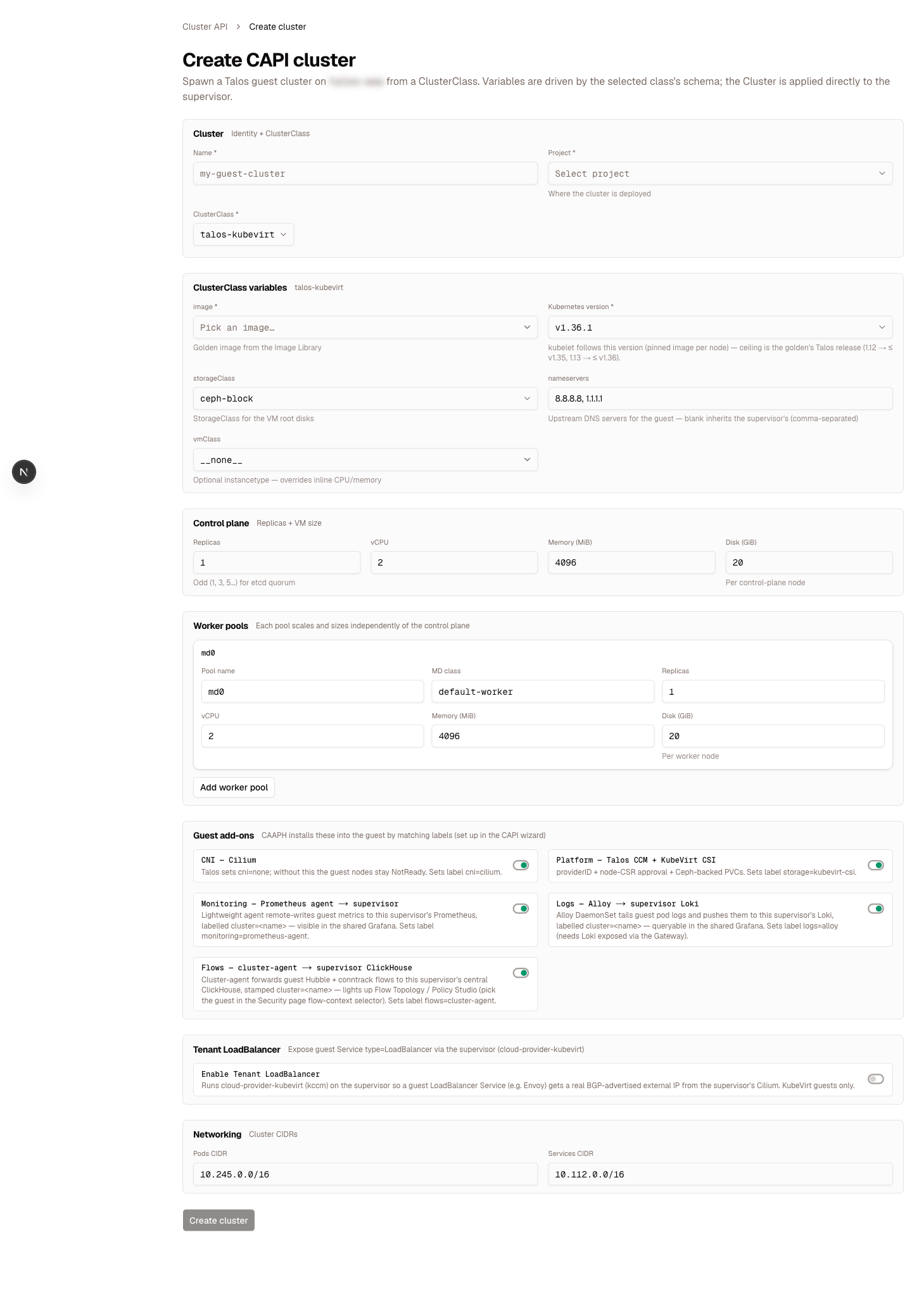 The Create CAPI cluster form — ClusterClass variables, control plane sizing, worker pools, CAAPH guest add-ons, tenant LoadBalancer and cluster CIDRs