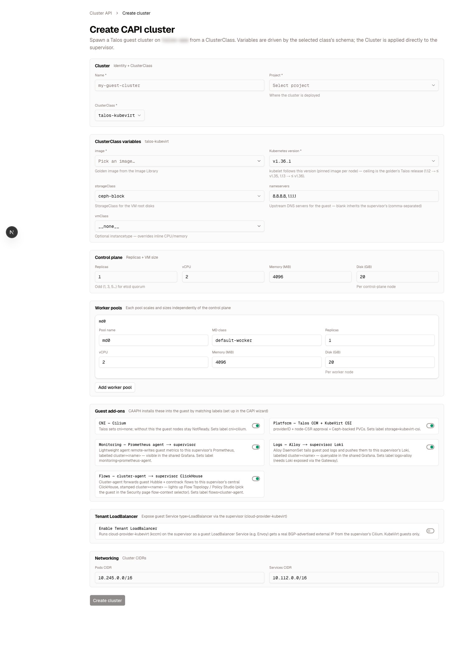 The Create CAPI cluster form — ClusterClass variables, control plane sizing, worker pools, CAAPH guest add-ons, tenant LoadBalancer and cluster CIDRs