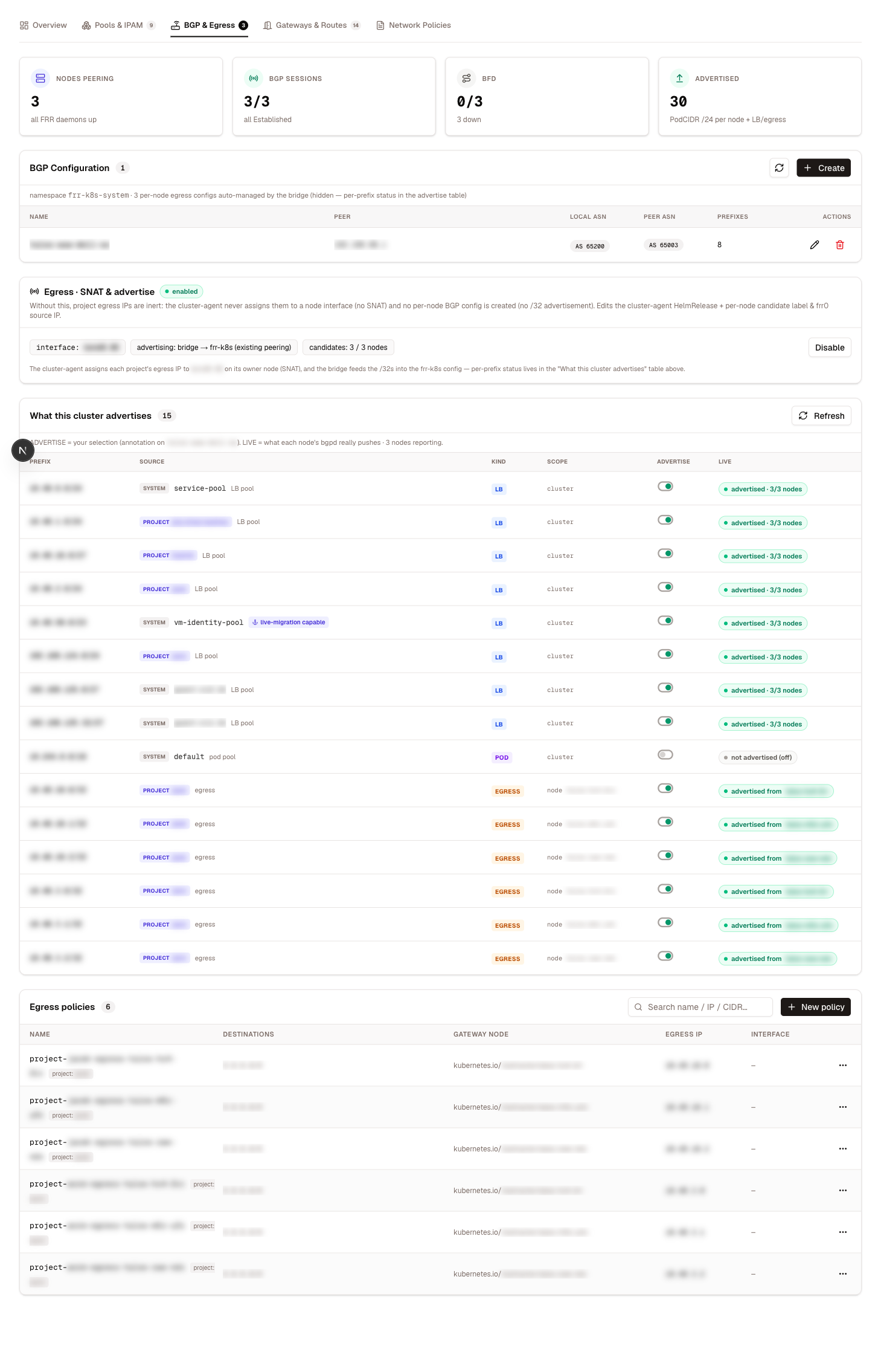The BGP & Egress tab — session KPIs, BGP configuration, the advertise table with live state, and egress policies