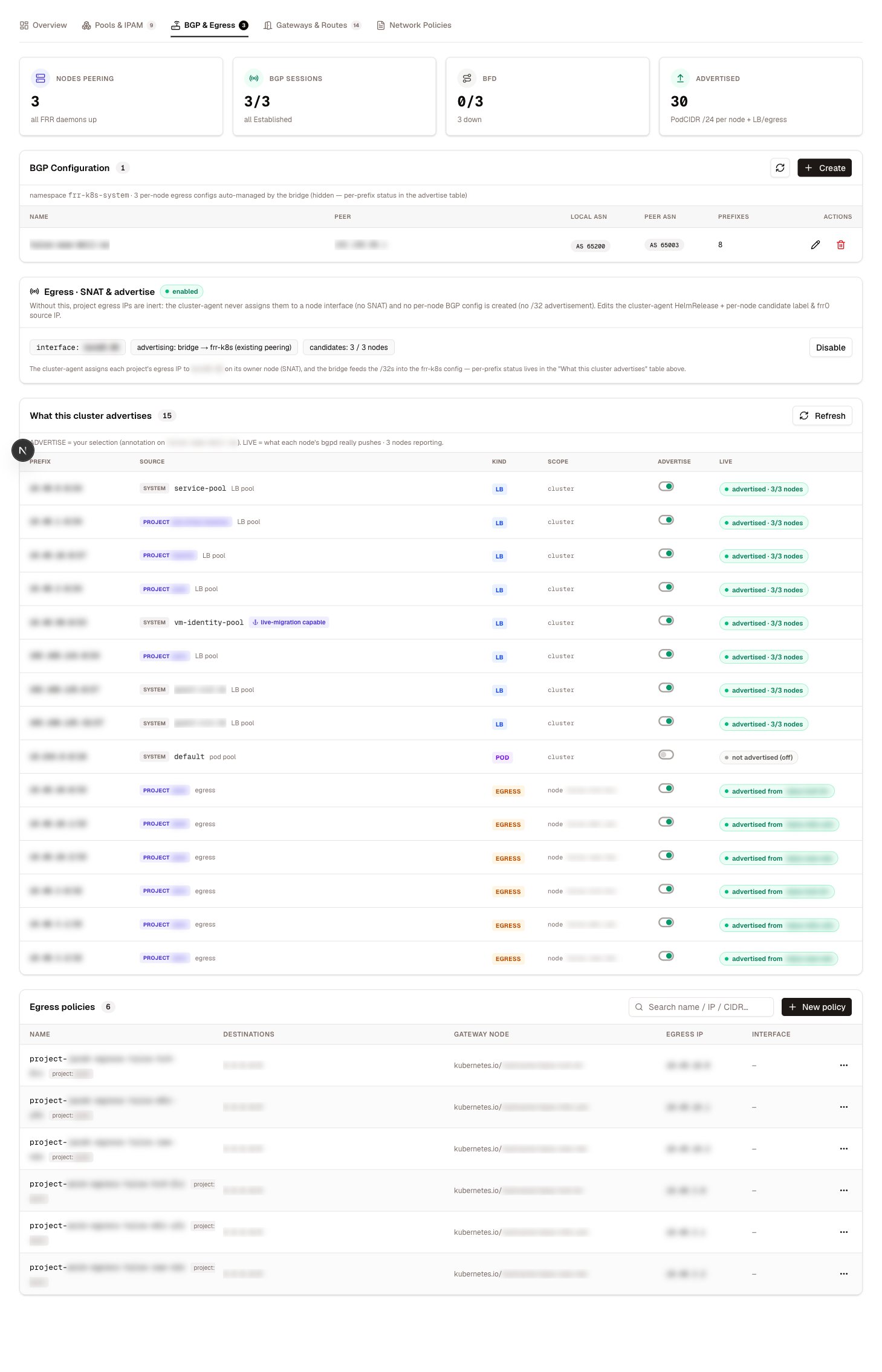 The BGP & Egress tab — session KPIs, BGP configuration, the advertise table with live state, and egress policies