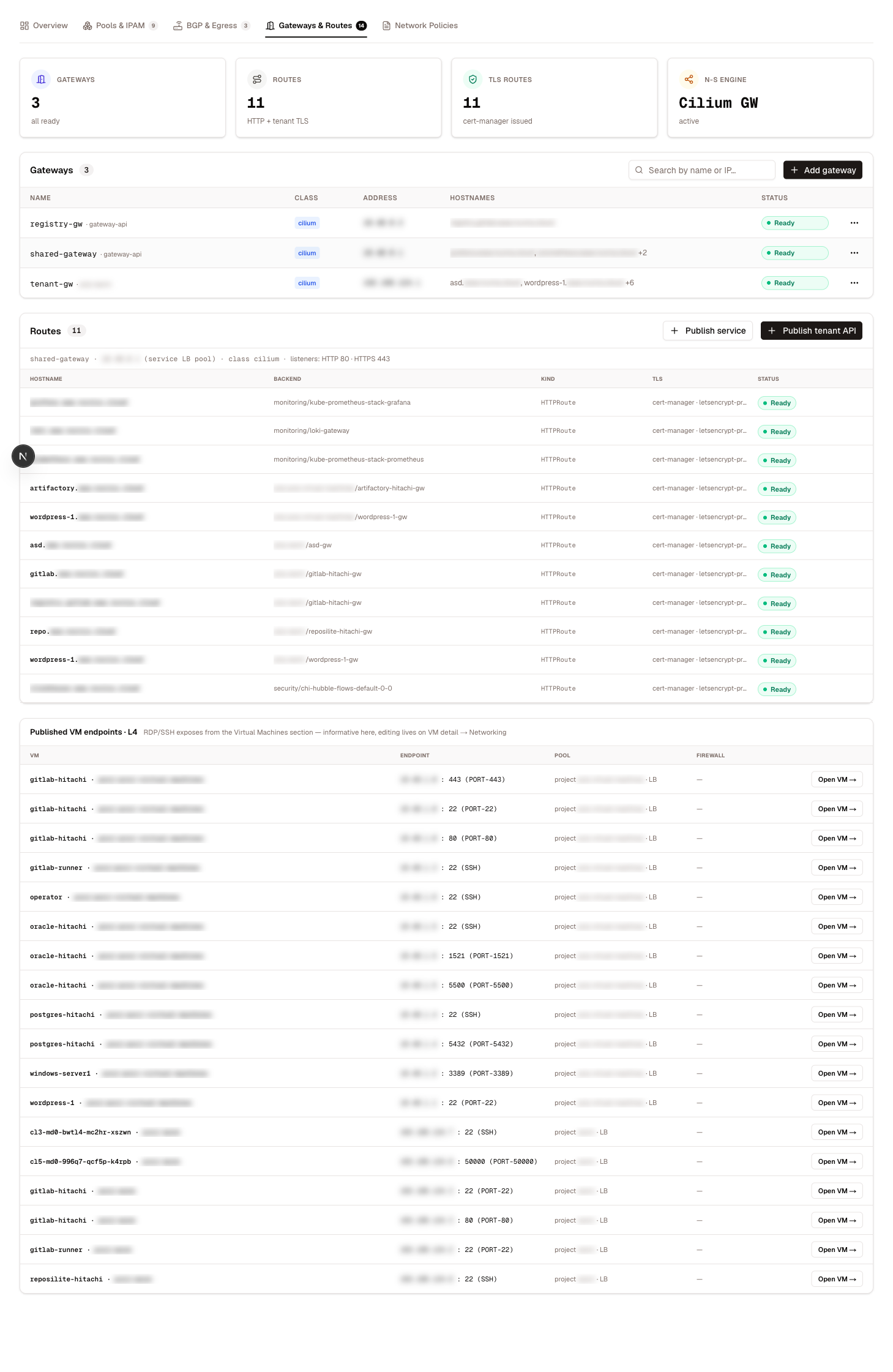 The Gateways & Routes tab — gateways with class chips, listeners, and the unified routes table