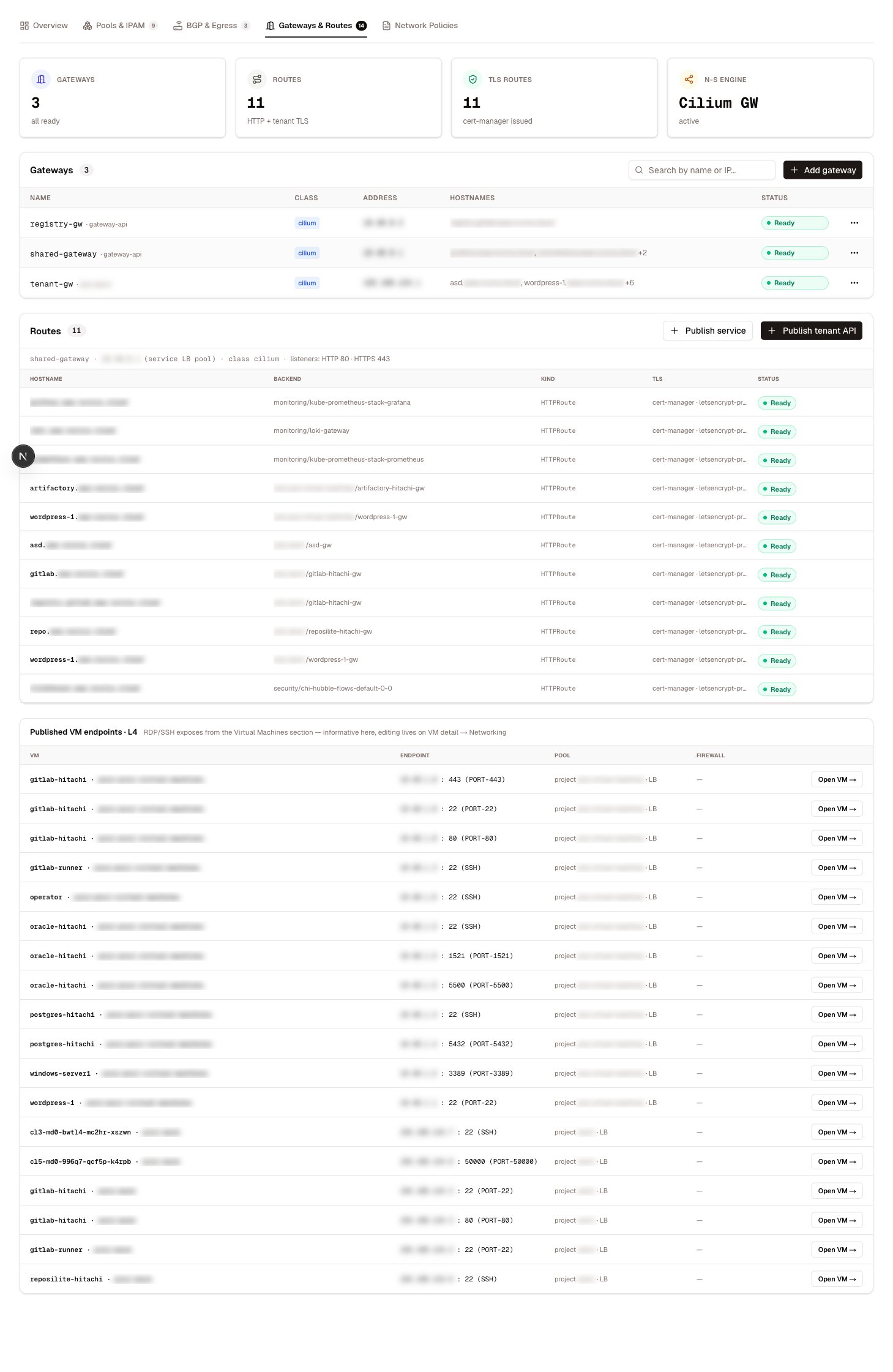 The Gateways & Routes tab — gateways with class chips, listeners, and the unified routes table