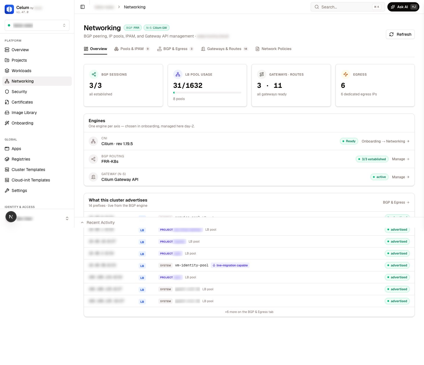 The full Networking overview — engine pills, KPIs, Engines card and the advertise snapshot