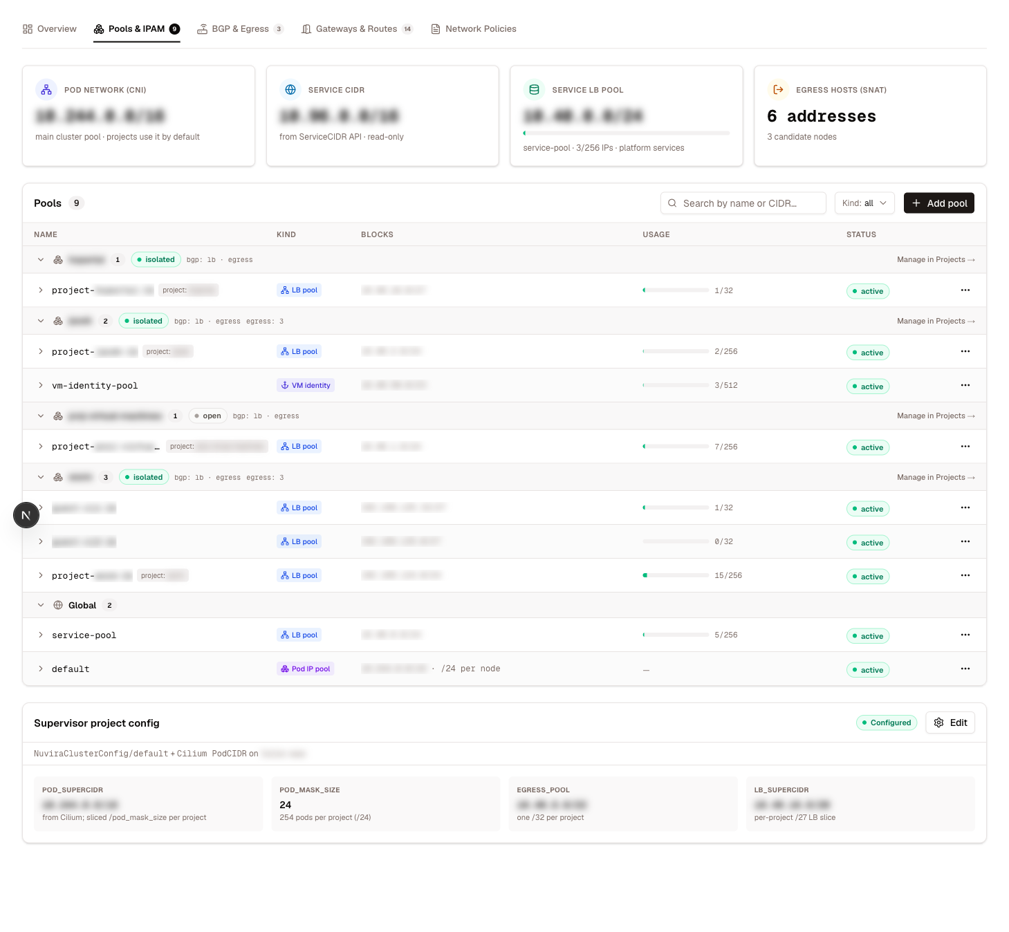 The Pools & IPAM tab — unified pool table with kind chips and usage, allocations below
