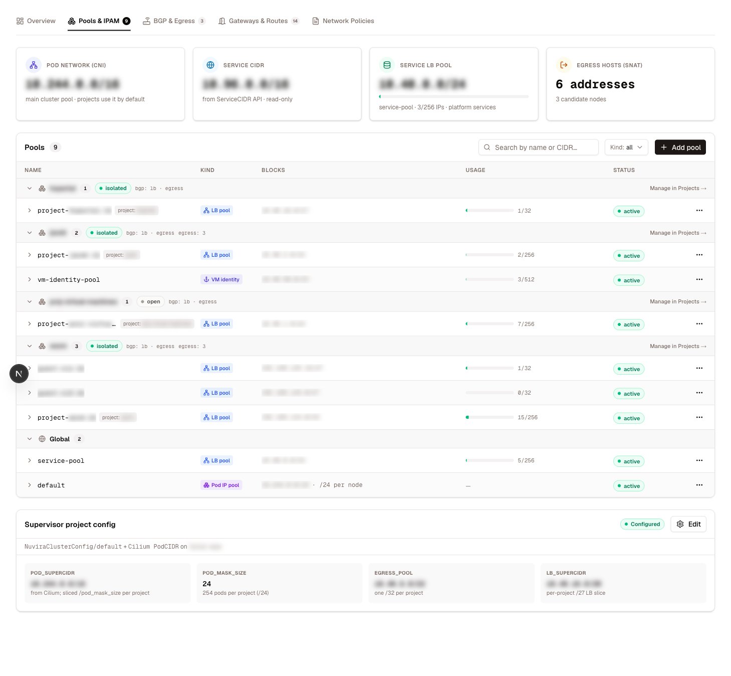 The Pools & IPAM tab — unified pool table with kind chips and usage, allocations below