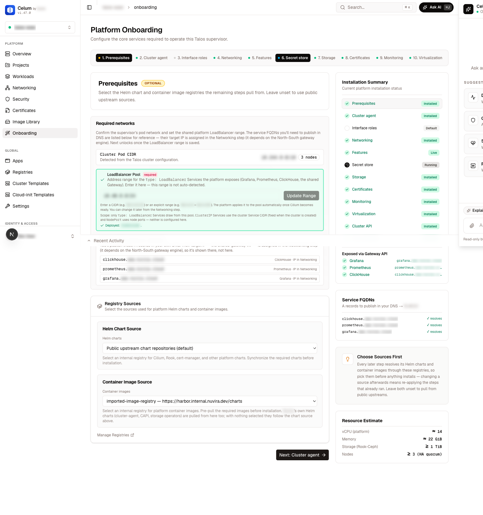 The onboarding wizard's full status view — stepper and per-component Installation Summary