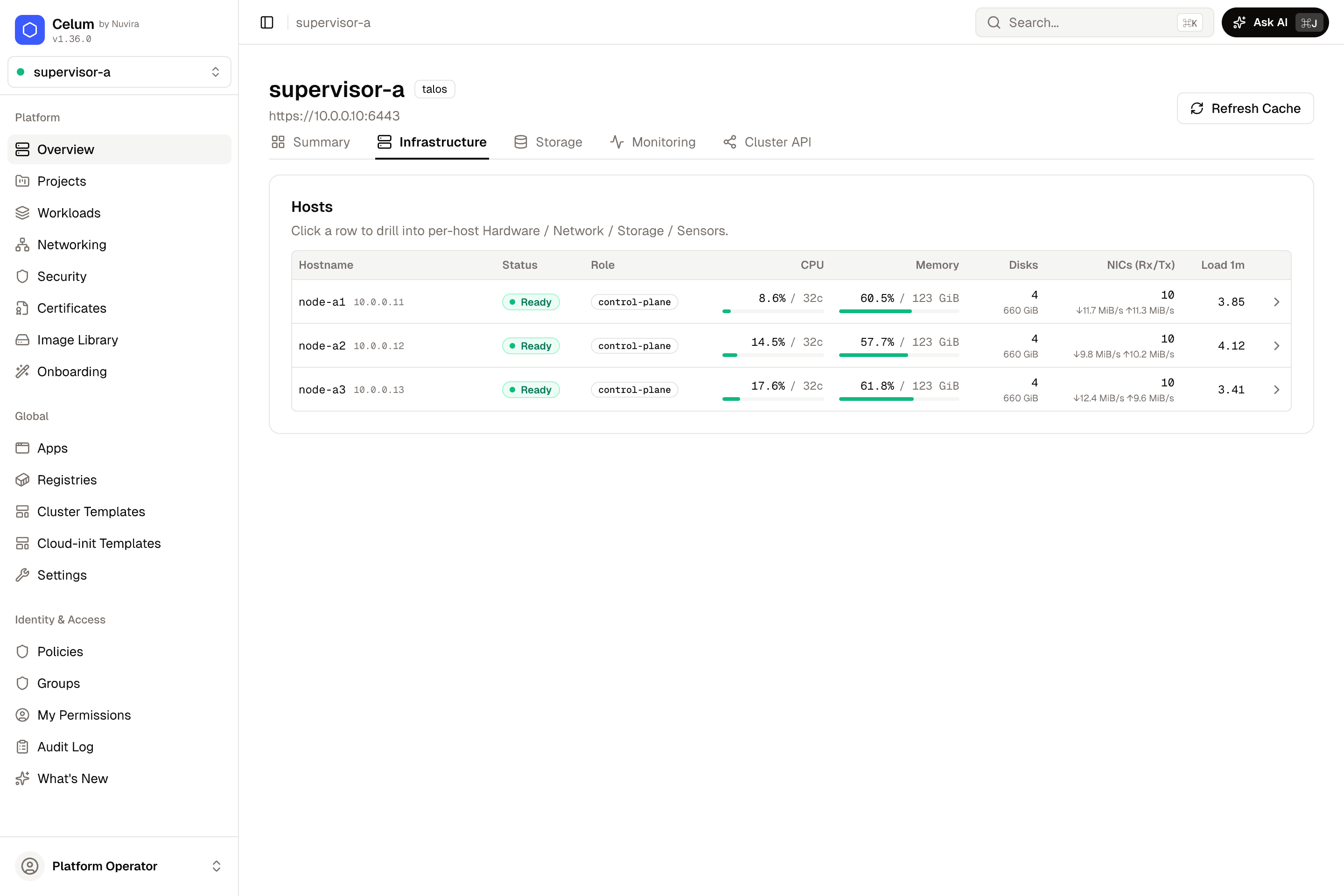 Celum supervisor Infrastructure tab listing three control-plane hosts with CPU, memory, disk and NIC metrics