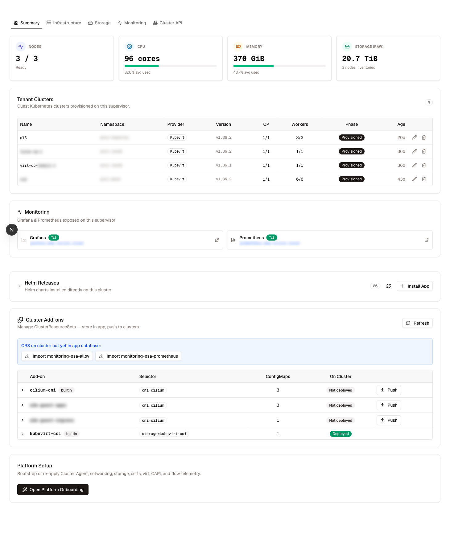 Celum supervisor overview showing node, CPU, memory and storage tiles above a table of tenant clusters