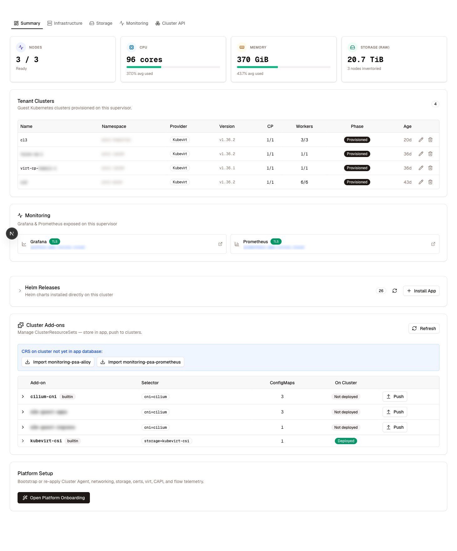 Celum supervisor overview showing node, CPU, memory and storage tiles above a table of tenant clusters