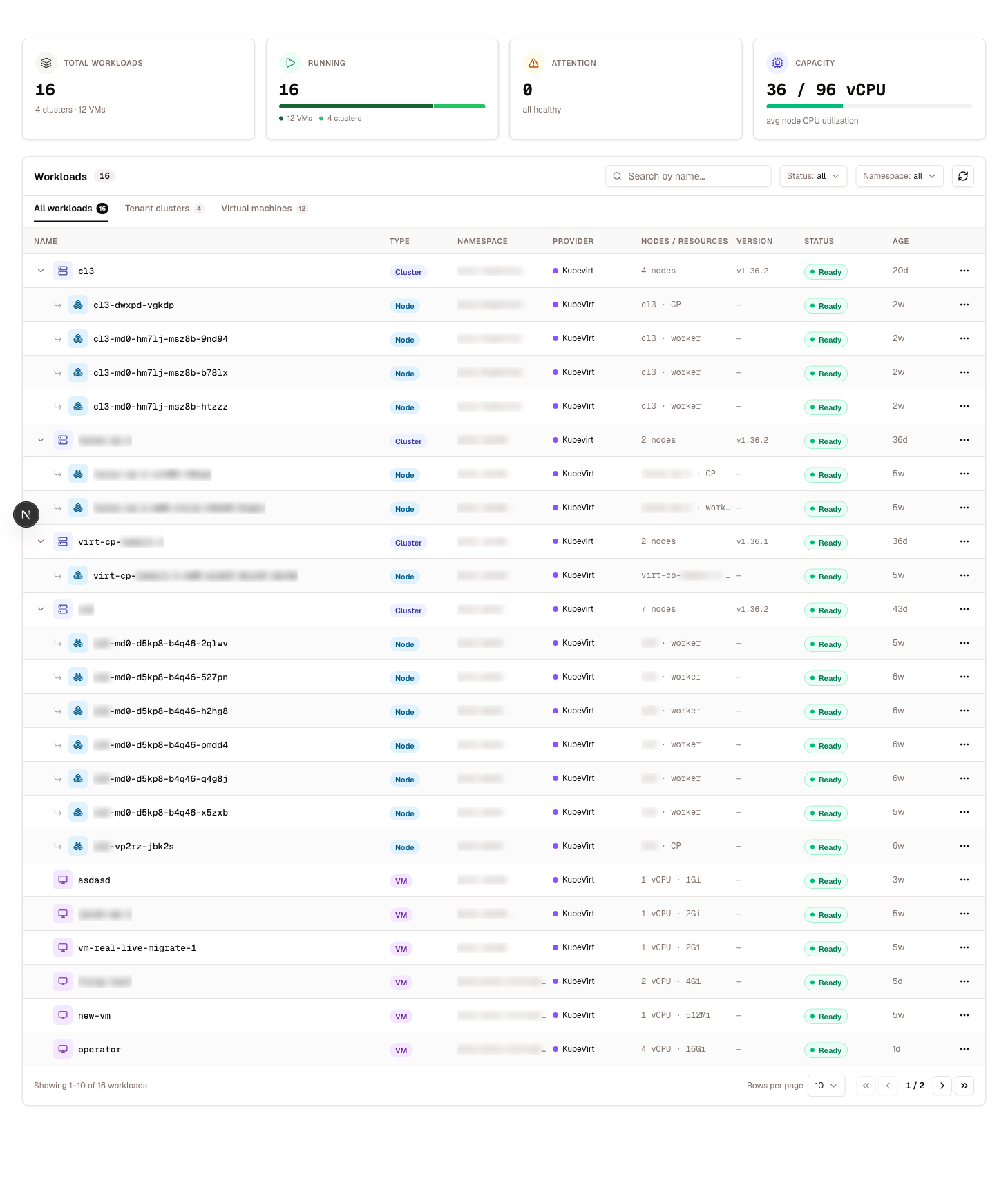 The Workloads page — tenant clusters and standalone VMs in one list with live state