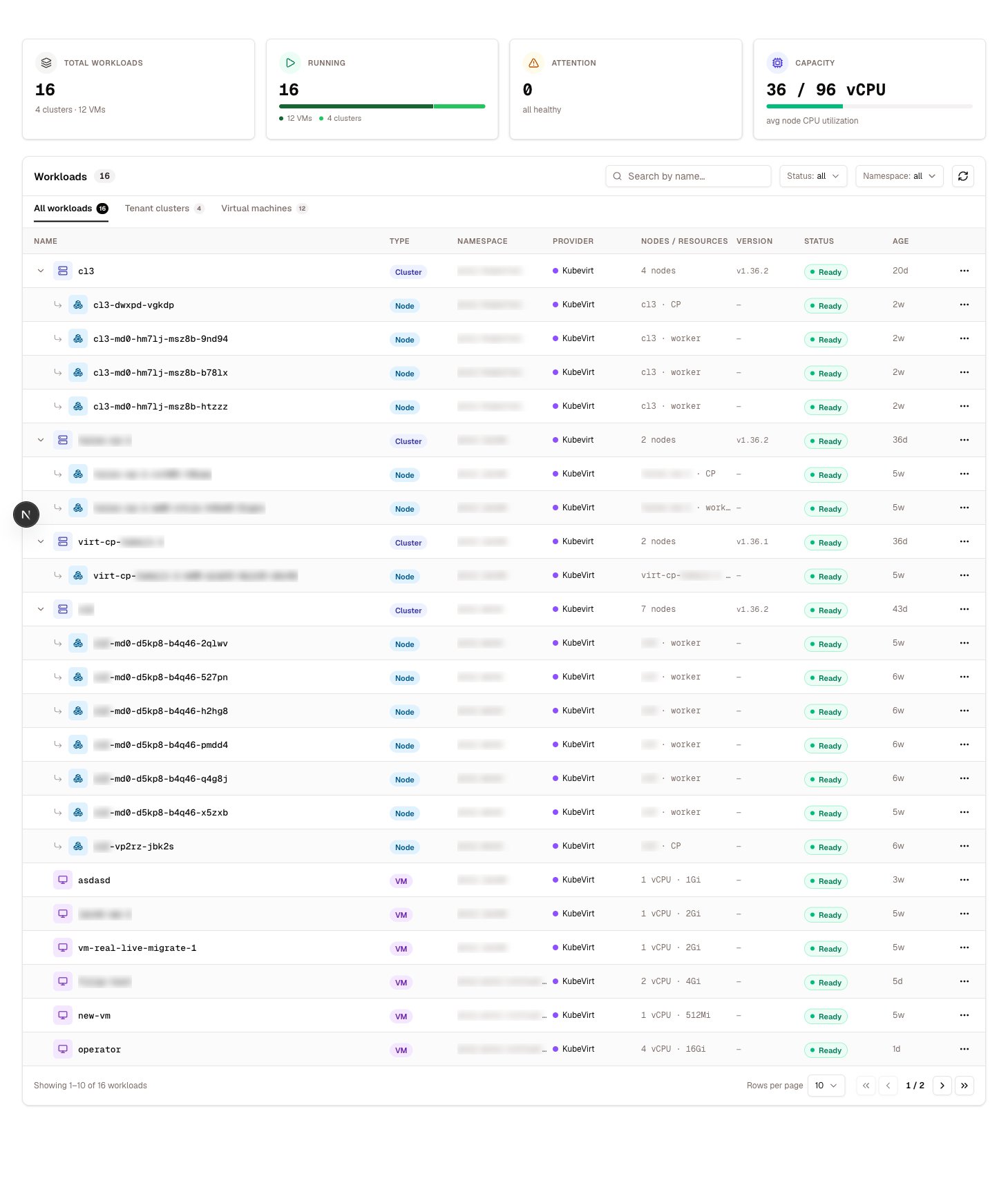 The Workloads page — tenant clusters and standalone VMs in one list with live state