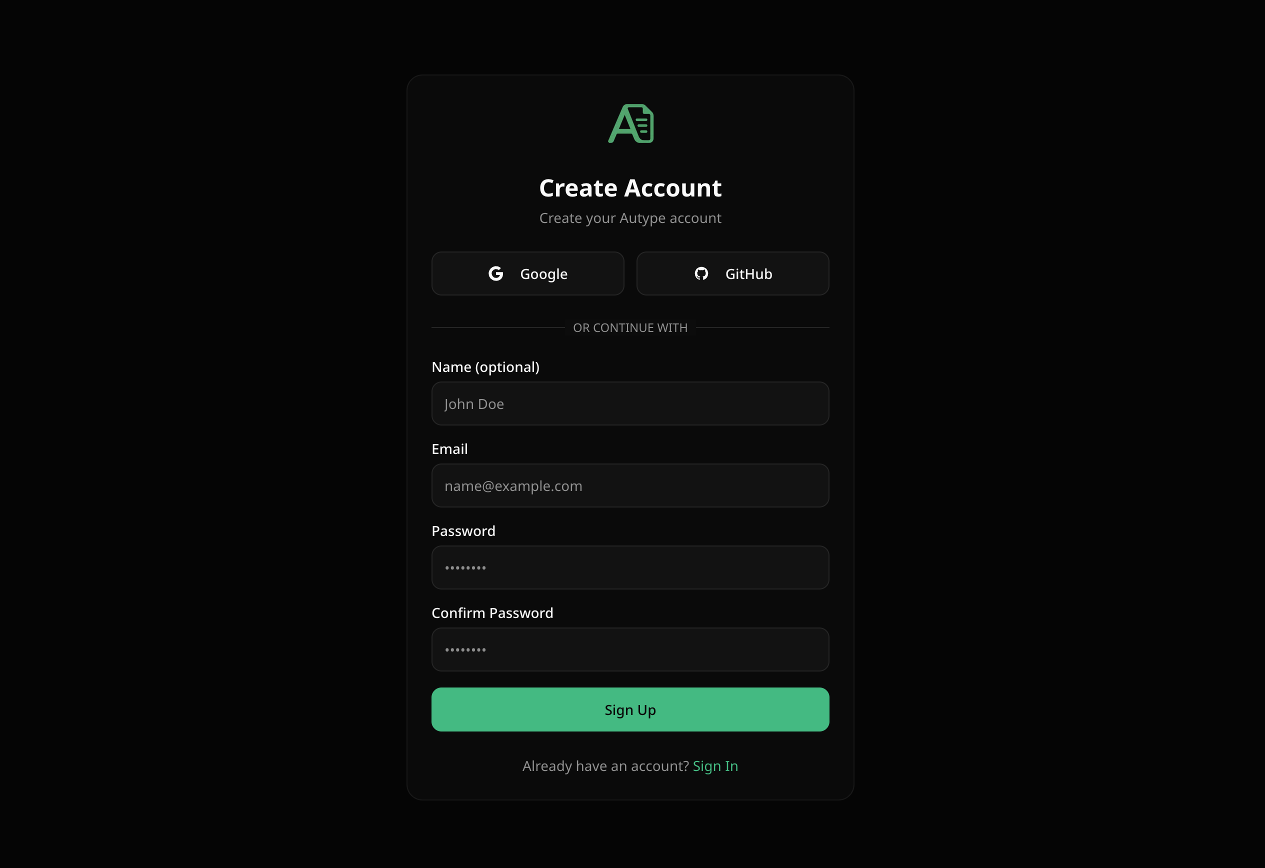 Autype Sign Up screen