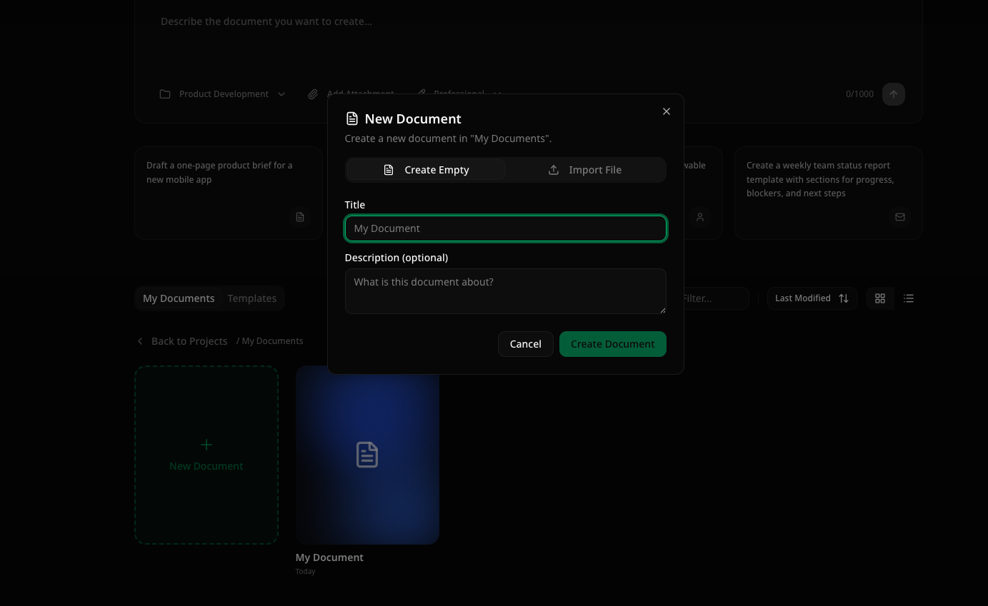 Create new document dialog