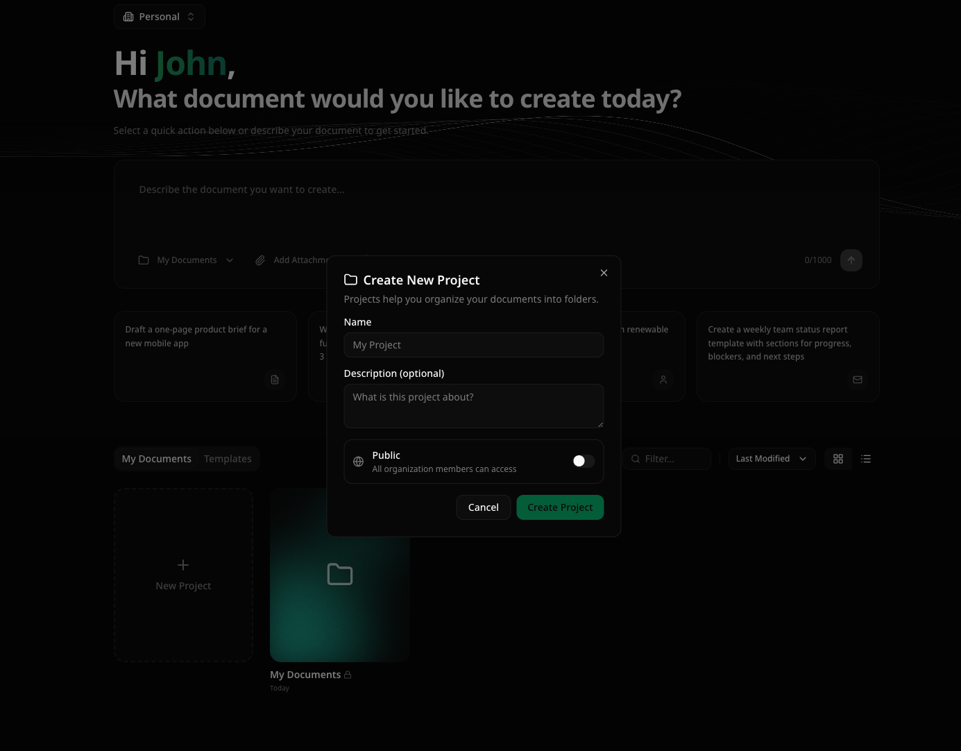 Create project dialog