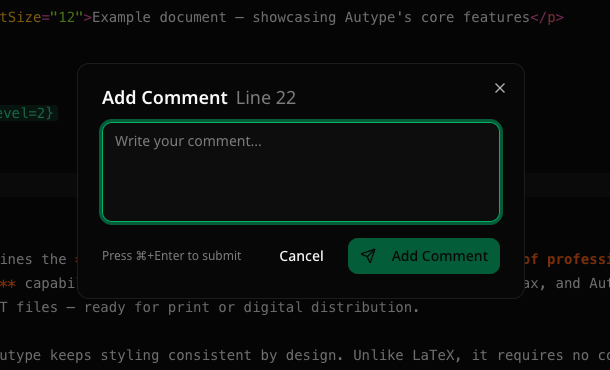 Add Comment modal with line number and text input