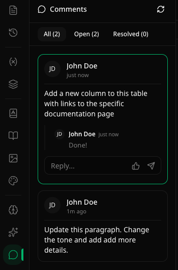 Comments list showing two example comments