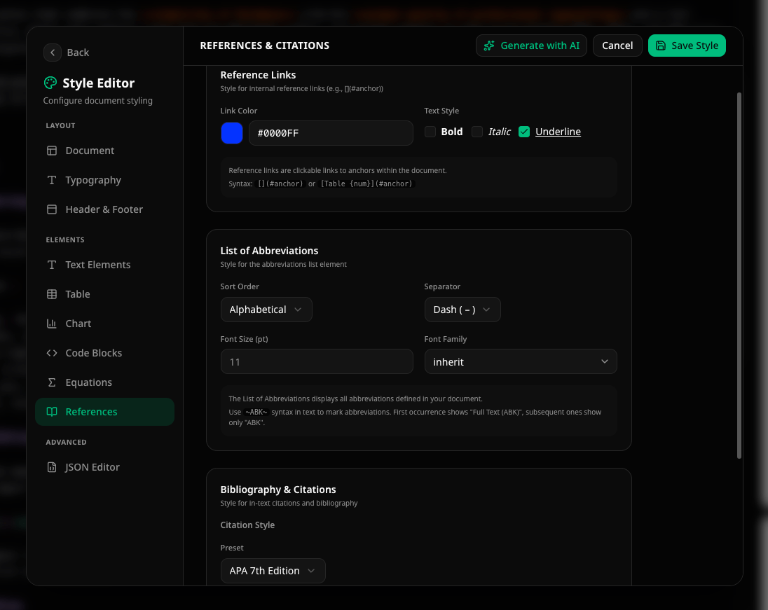 Style Editor — References tab