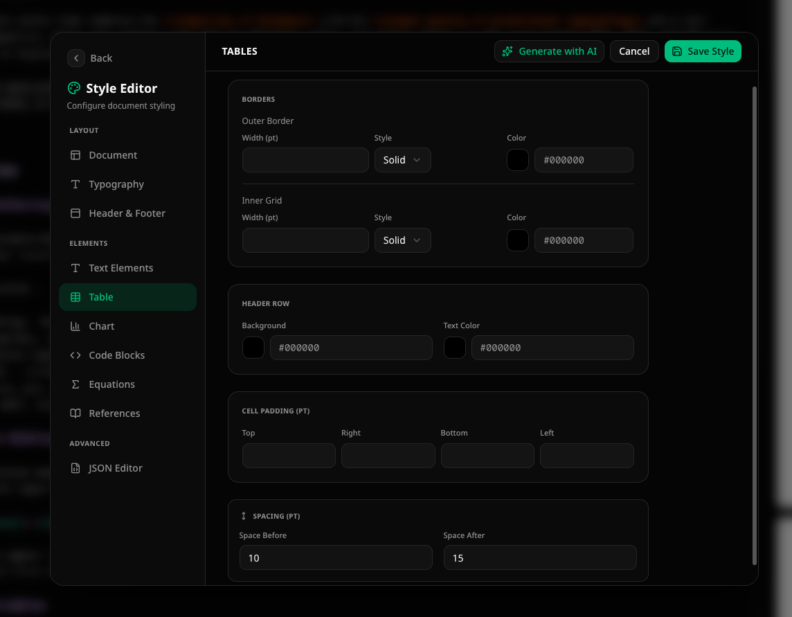 Style Editor — Table tab