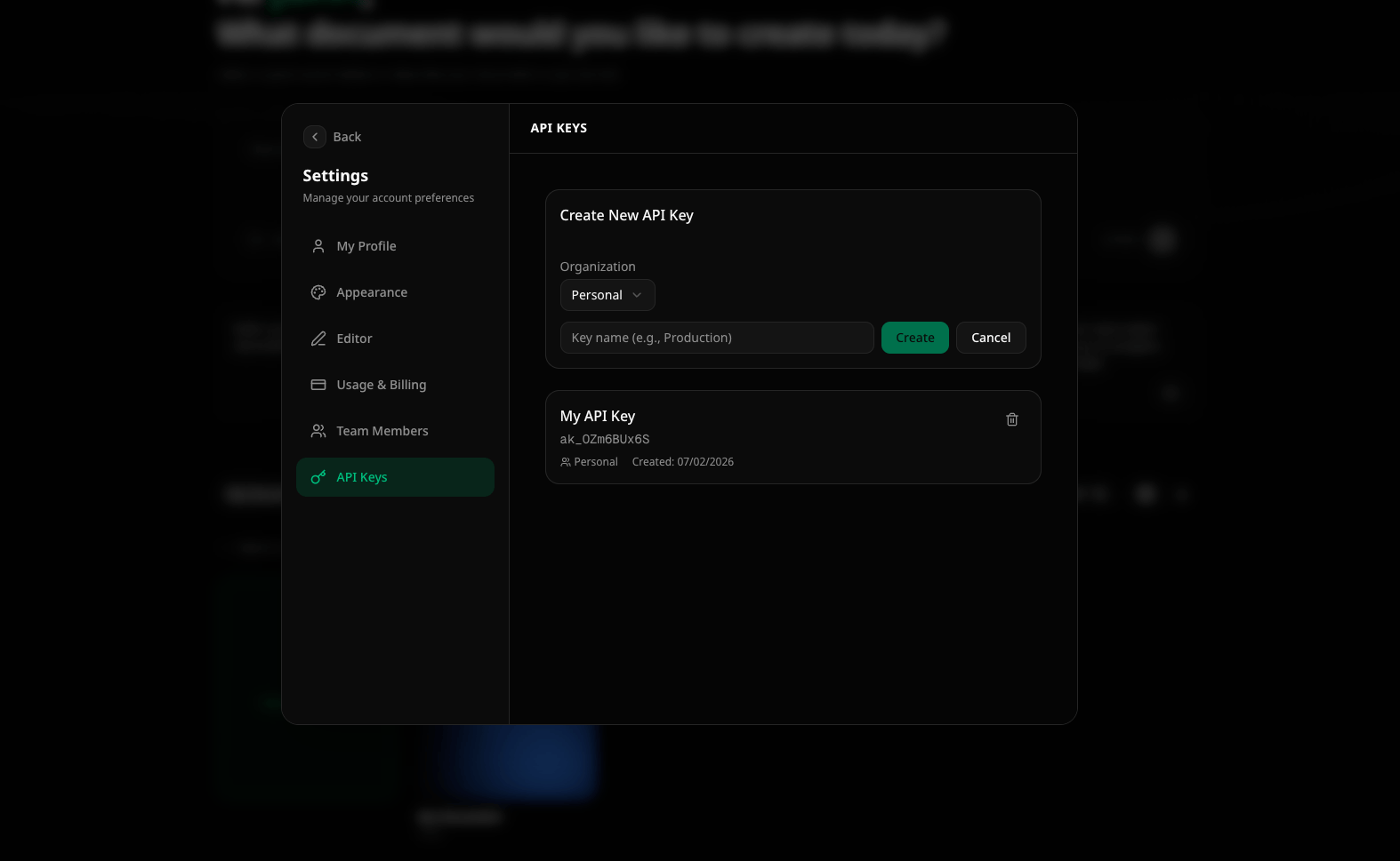 API Keys settings