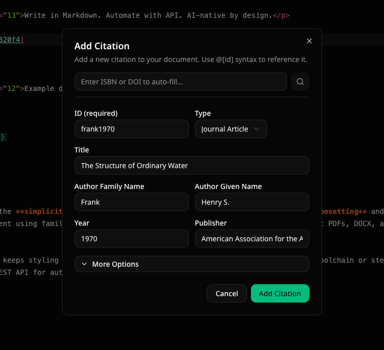 Add citation dialog with DOI/ISBN lookup