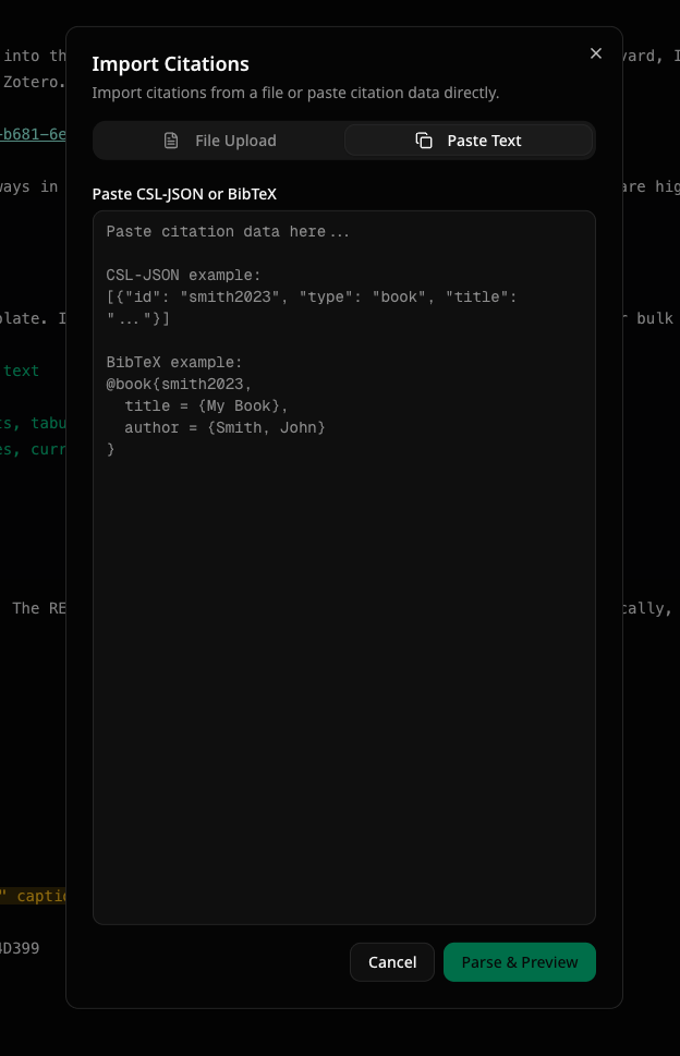 Import citations from CSL-JSON or BibTeX