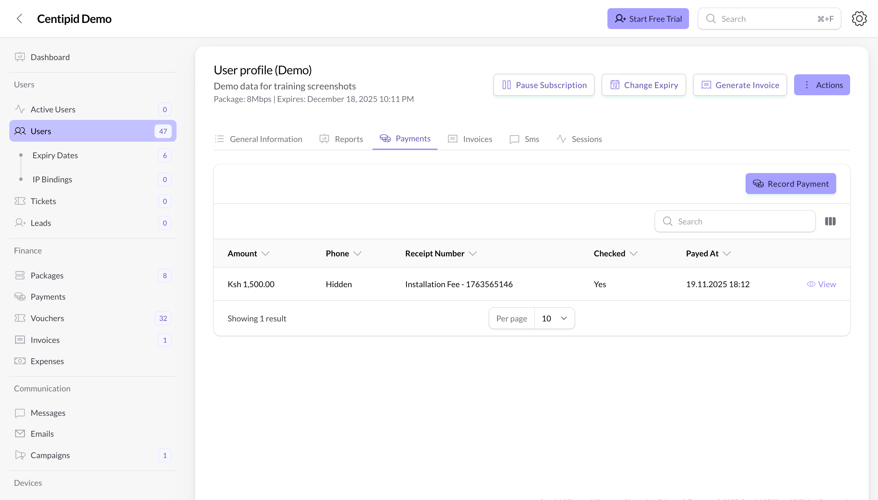 User profile payments tab