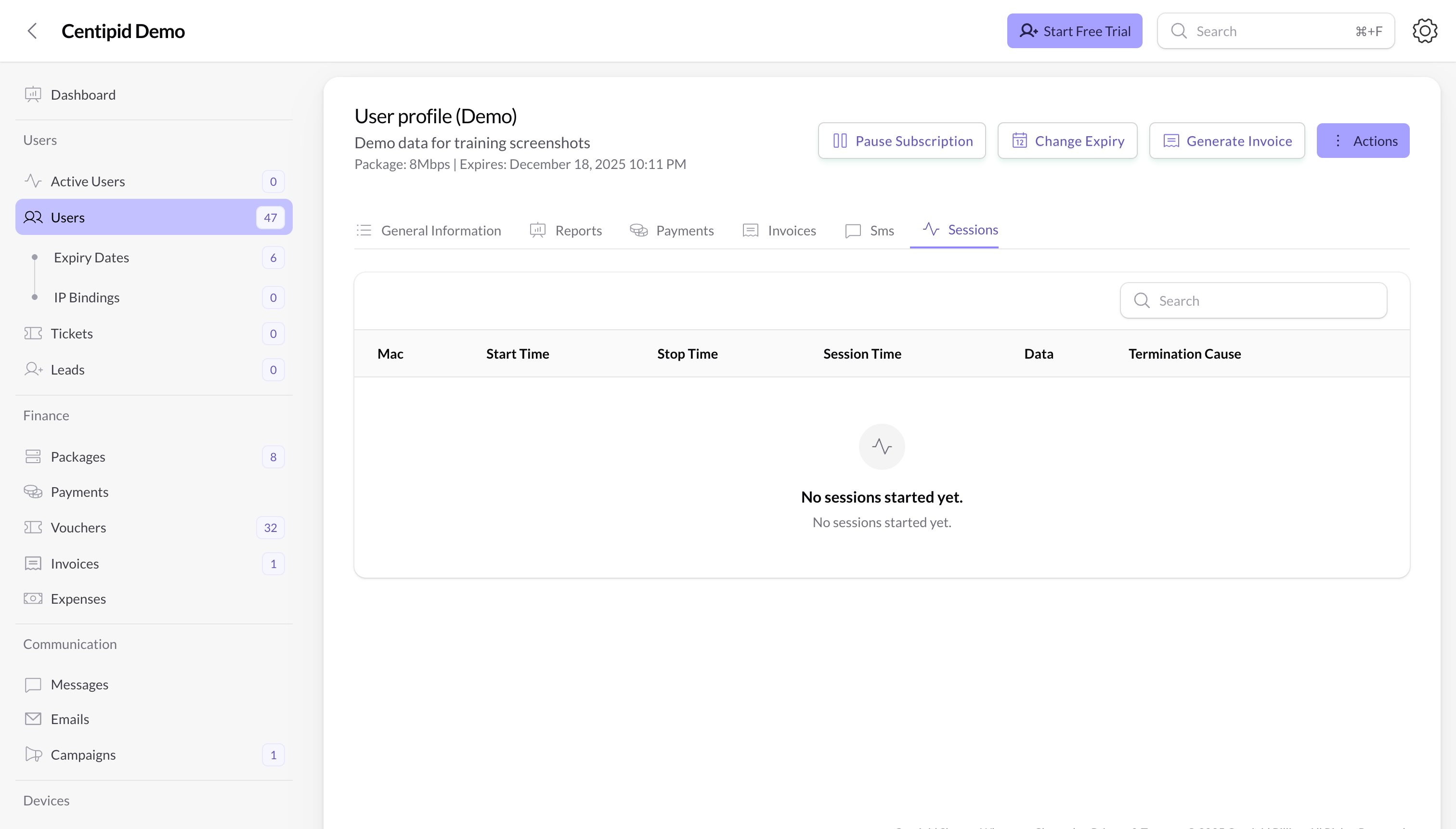 User profile sessions tab