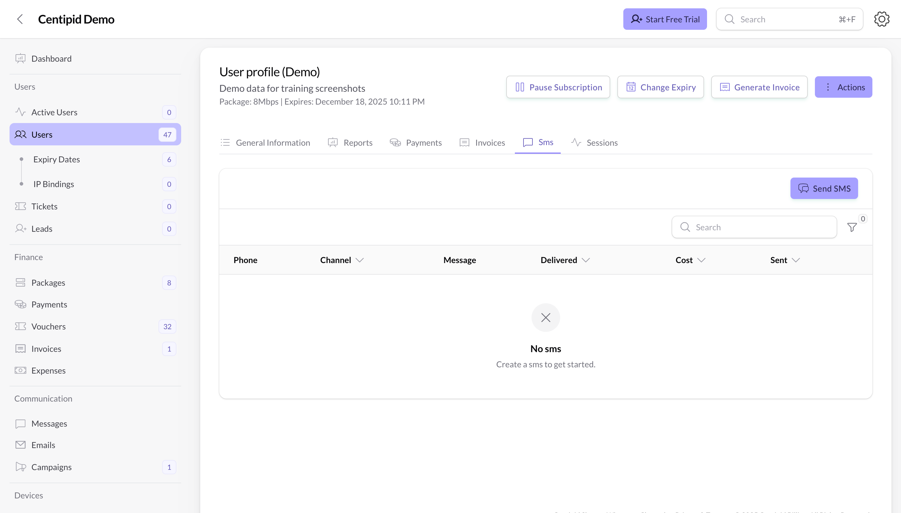 User profile SMS tab