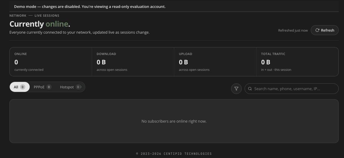 Live sessions overview with current connection and traffic totals