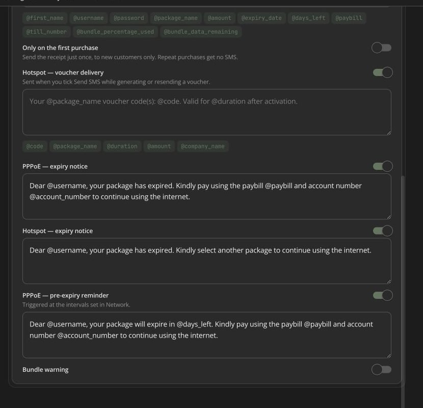 PPPoE and hotspot expiry and pre-expiry message templates
