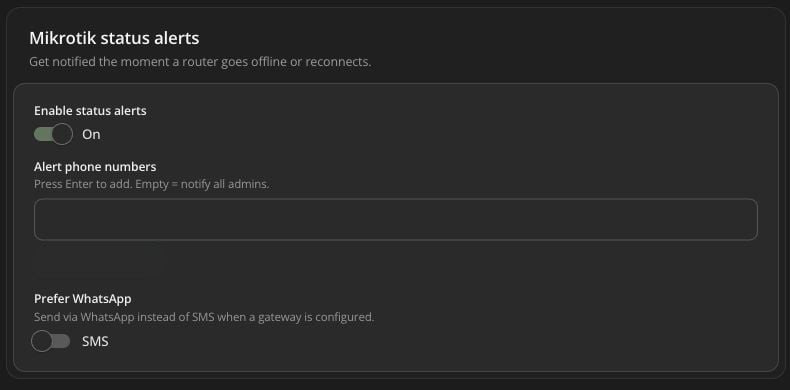 MikroTik status alert controls with the demo phone number redacted