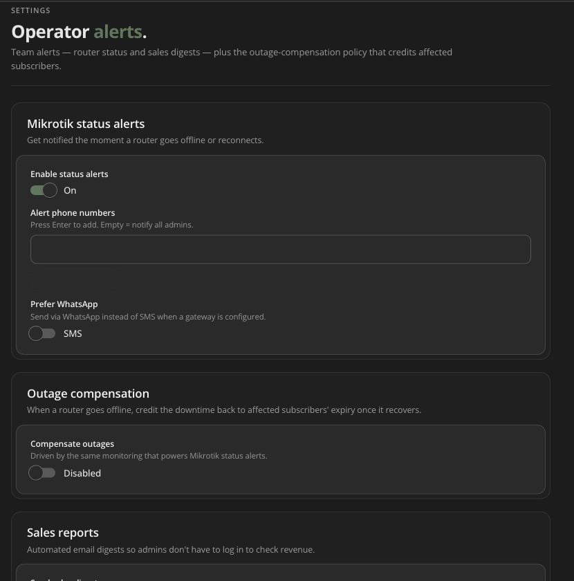 Operator alert settings with router status and outage controls
