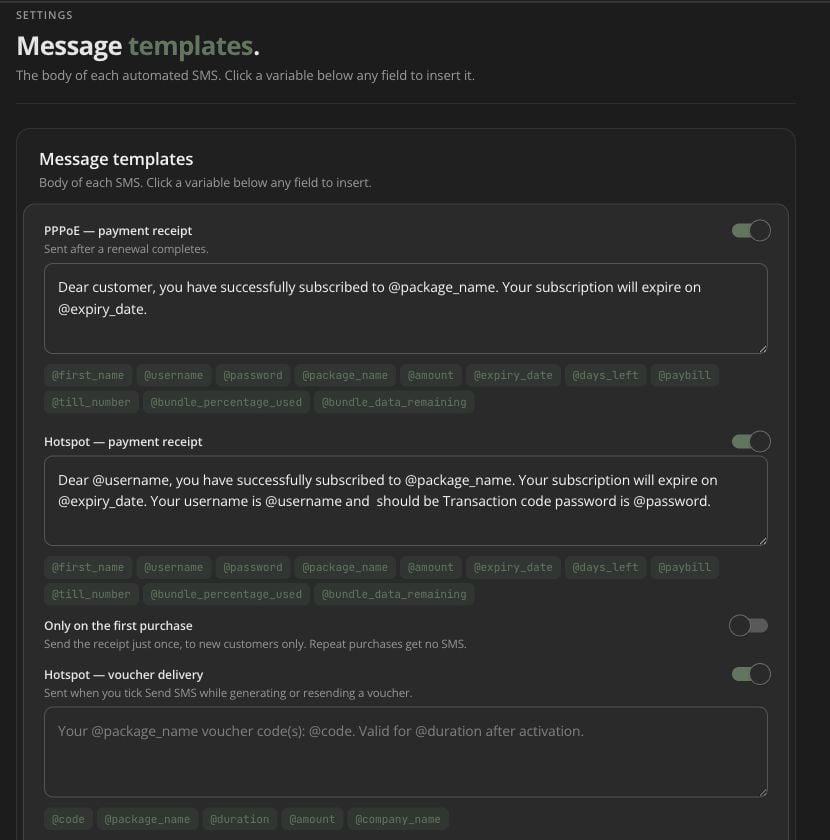 PPPoE and hotspot payment confirmation message templates