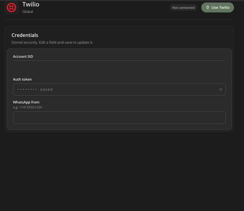 Twilio WhatsApp credentials with the account SID redacted