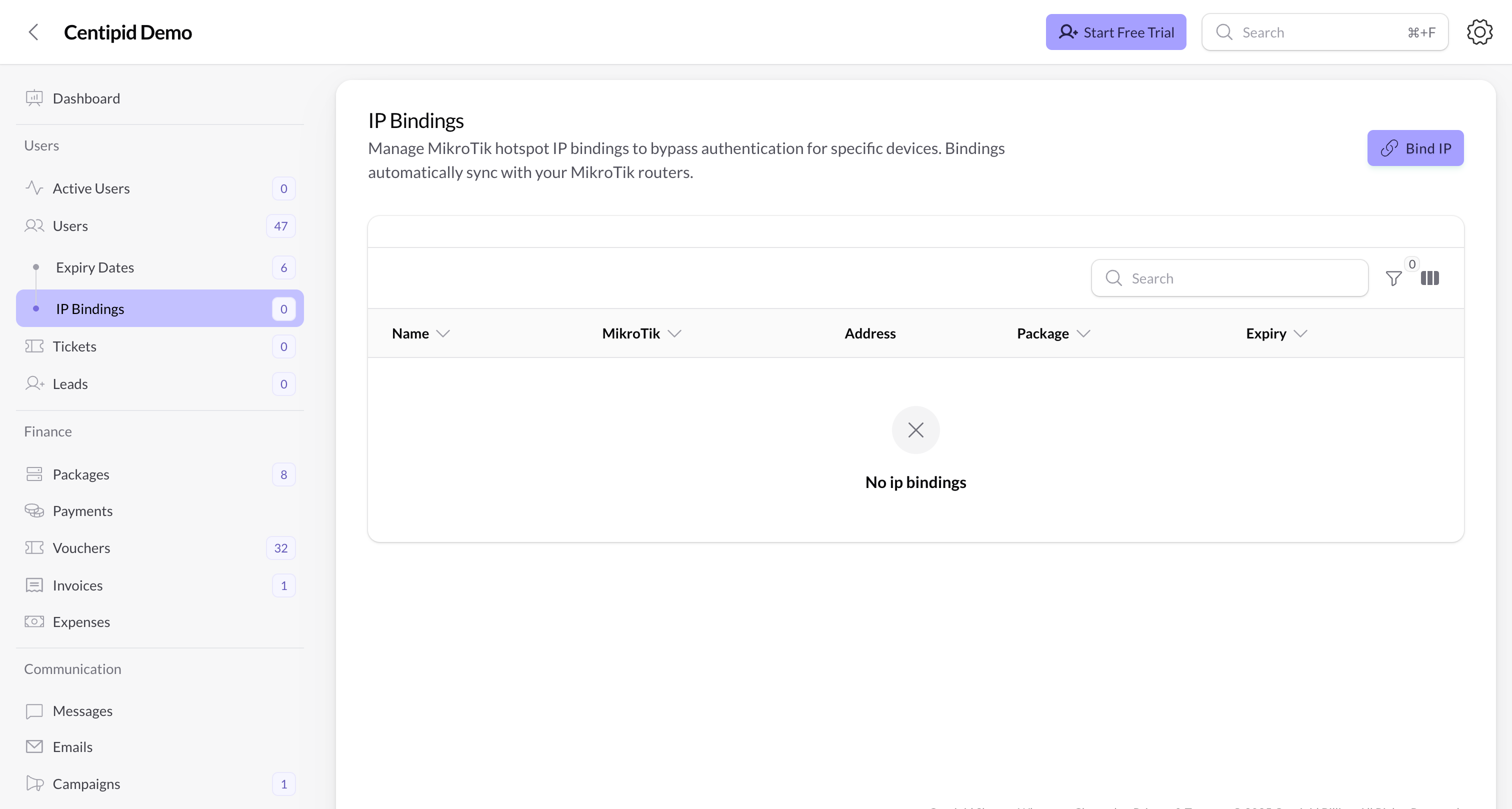 IP Bindings table overview