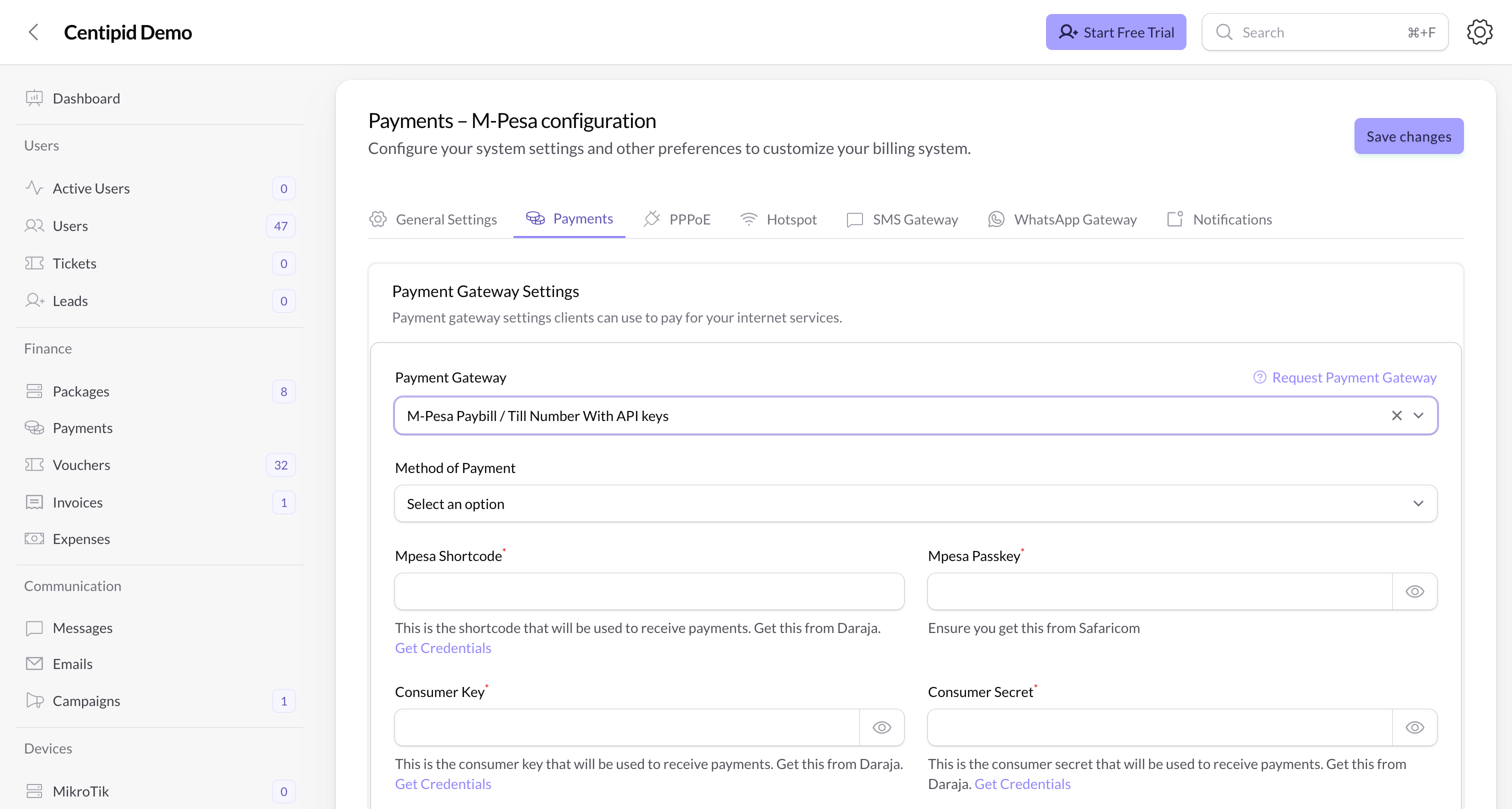 M-Pesa payment gateway fields in System Settings