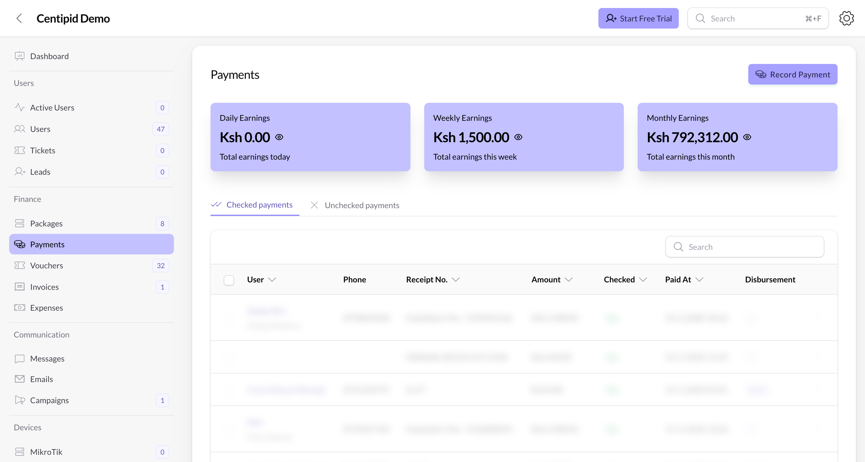Payments dashboard