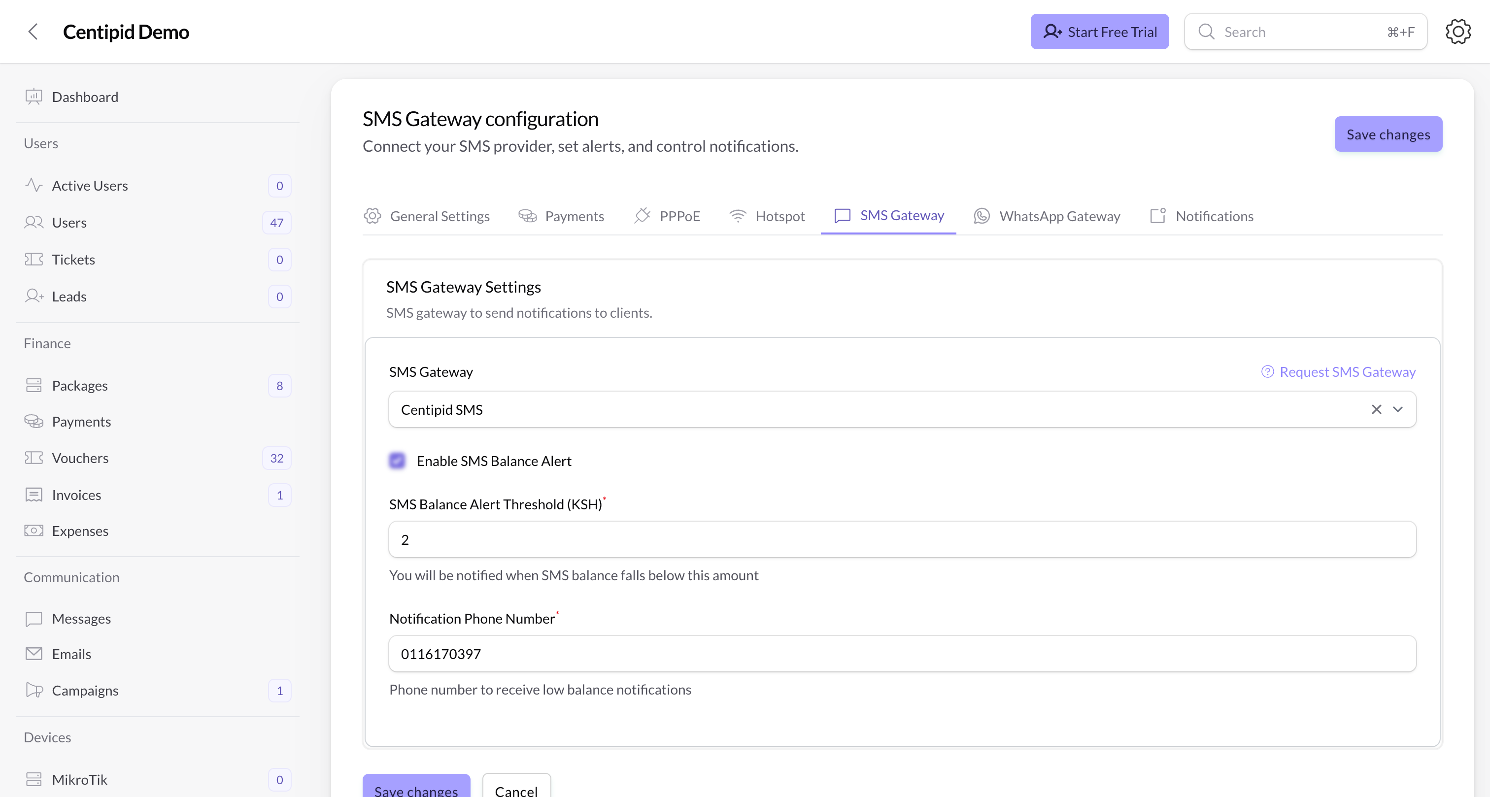 SMS Gateway settings in System Settings