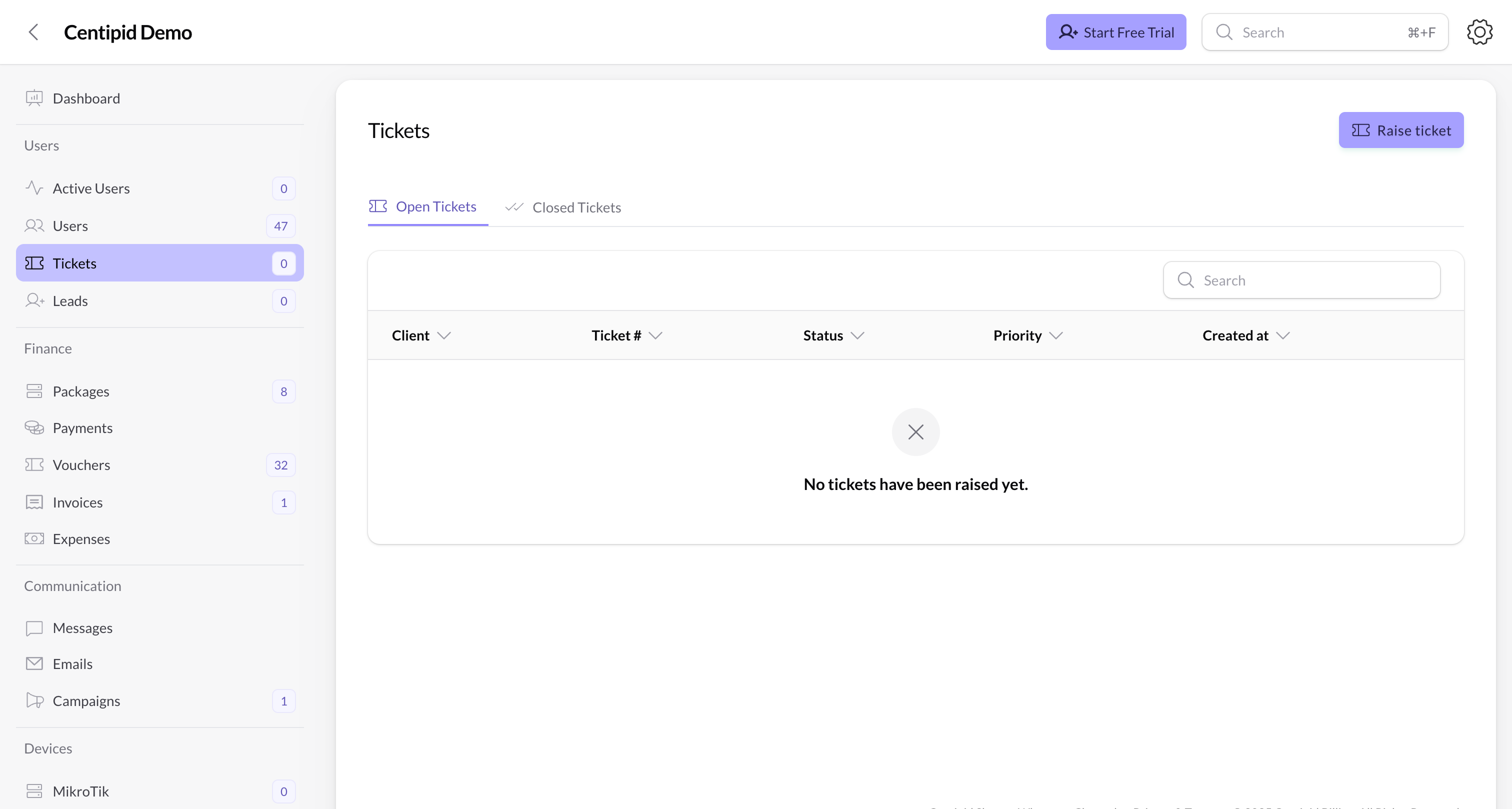 Tickets page overview
