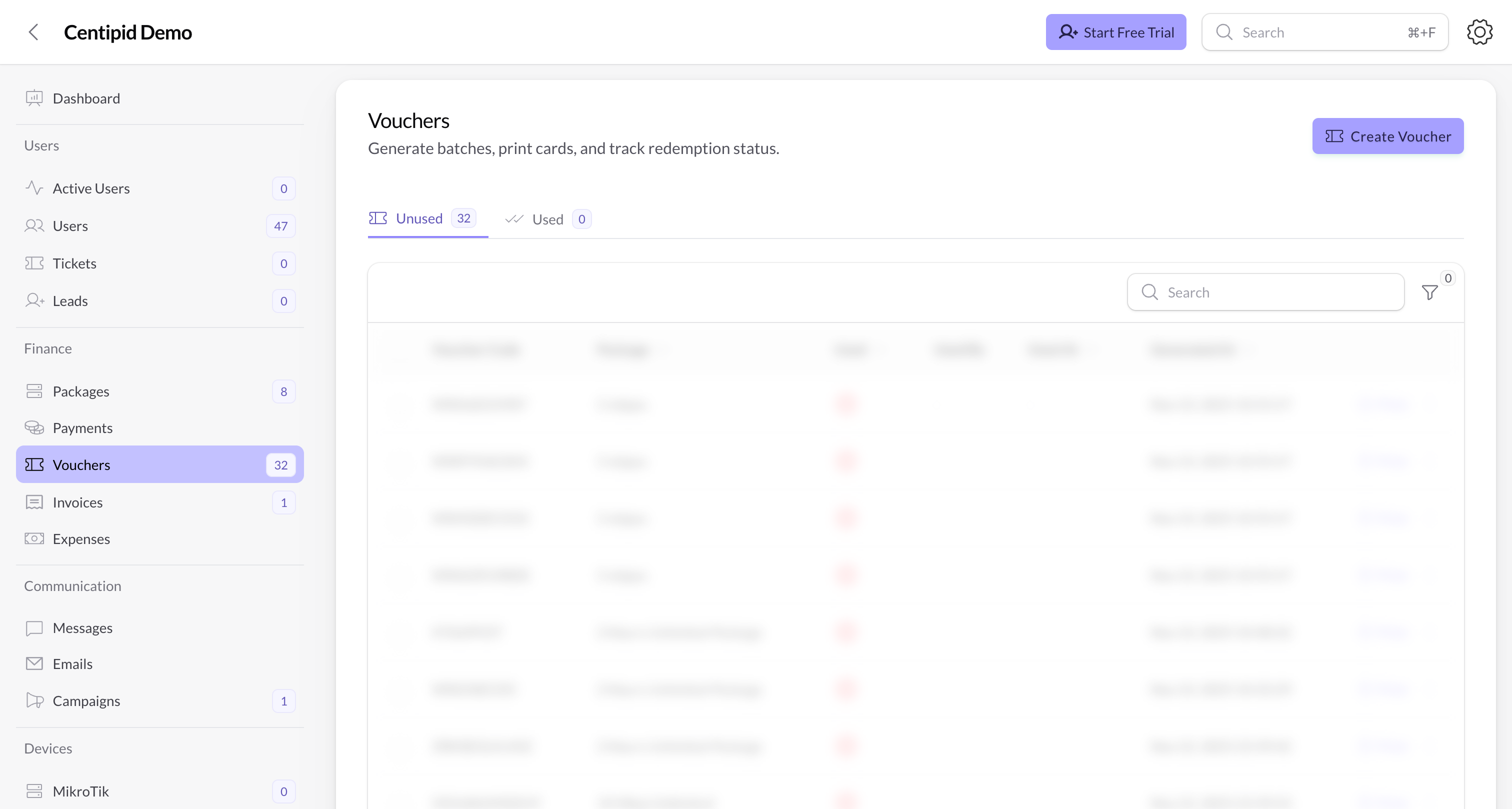 Vouchers management screen