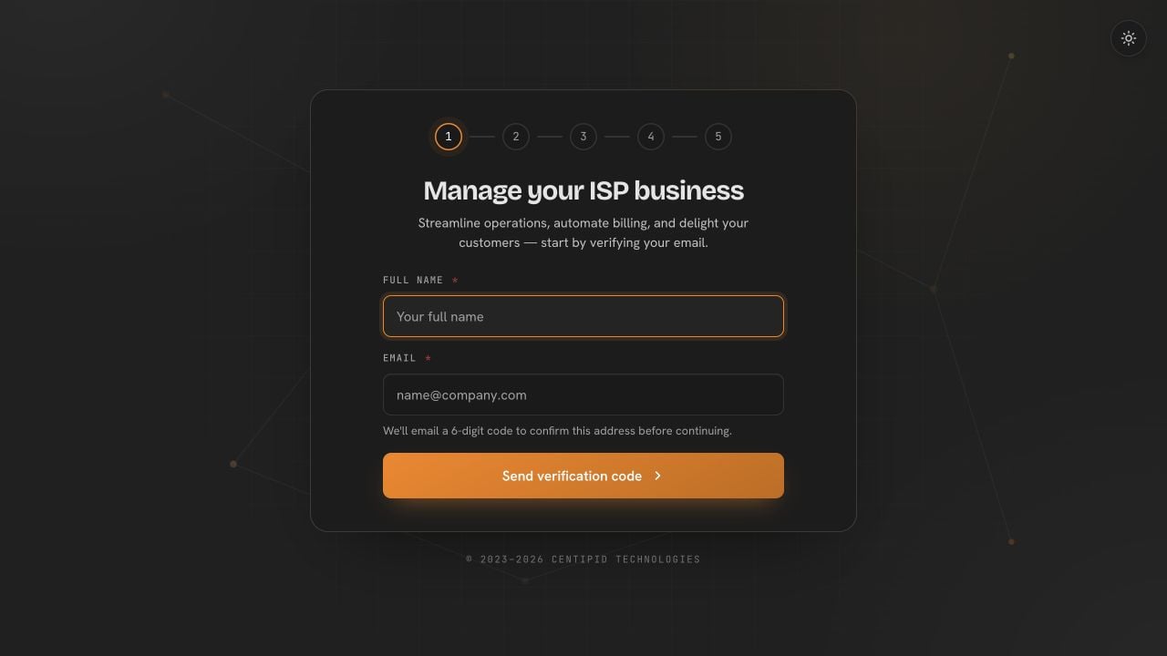 The first step of the Centipid Billing ISP registration wizard, with fields for the owner's full name and email address.