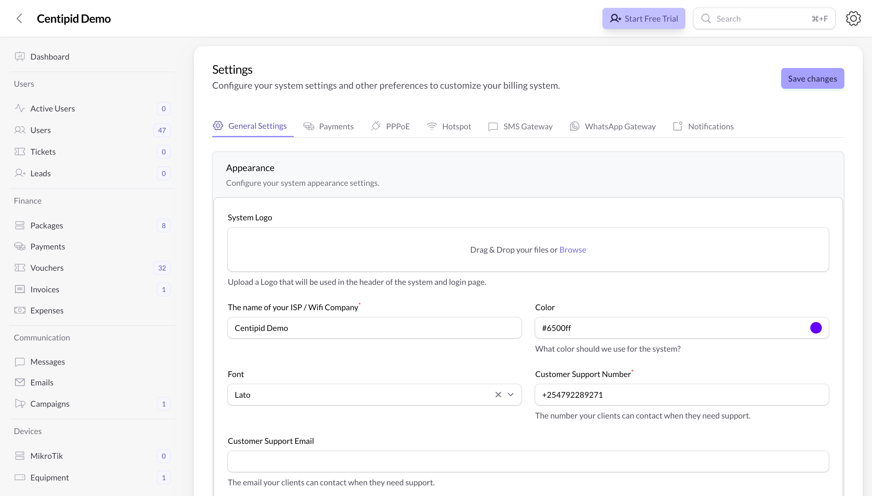 Branding settings screen