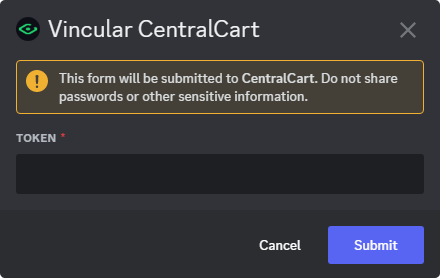 Modal do Discord onde o token é requerido