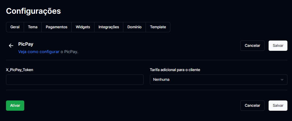 Vinculando PicPay na CentralCart