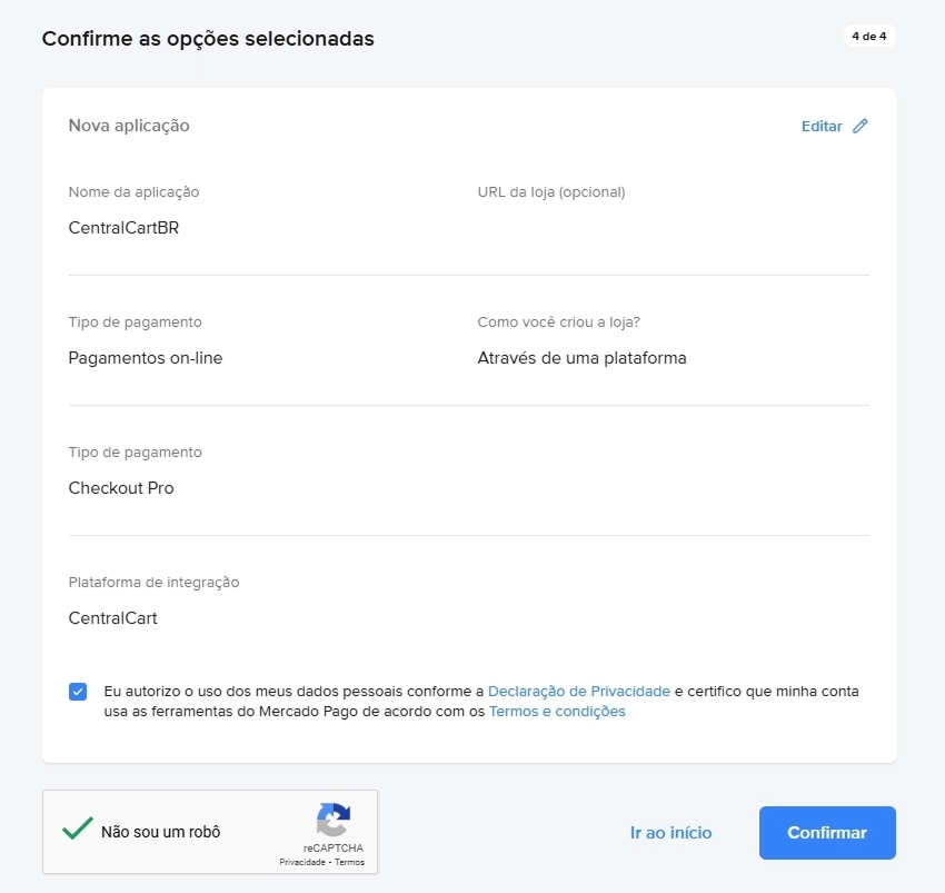Formulário de aplicação do Mercado Pago